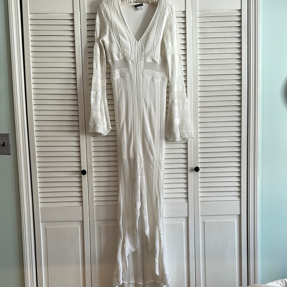 VENUS White Gown with Plunge Neckline and Bell Sleeves